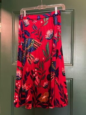 Anthropologie Red Floral Velvet Midi Skirt with Blue & Green Accents